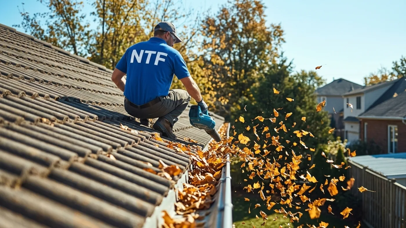 Technicien NTF au souffleur évacuant les feuilles d'une gouttière à Meaux Technicien NTF au souffleur évacuant les feuilles d'une gouttière à Meaux