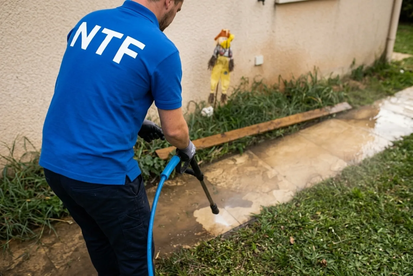 Technicien NTF nettoyant une allée en pierre naturelle à Meaux