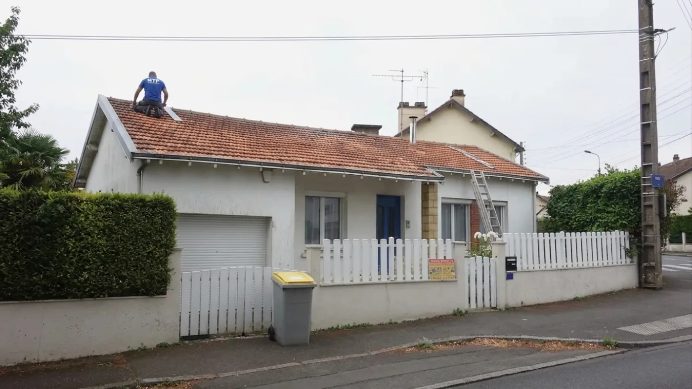 Technicien NTF sur une toiture en tuiles avant application de peinture à Meaux
